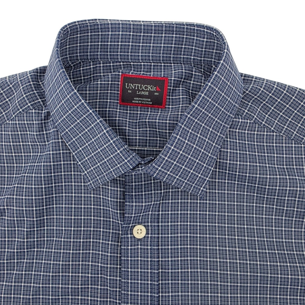 UNTUCKit Cinelli Navy Check Short Sleeve Button Up Shirt Mens Large 41080 Reg